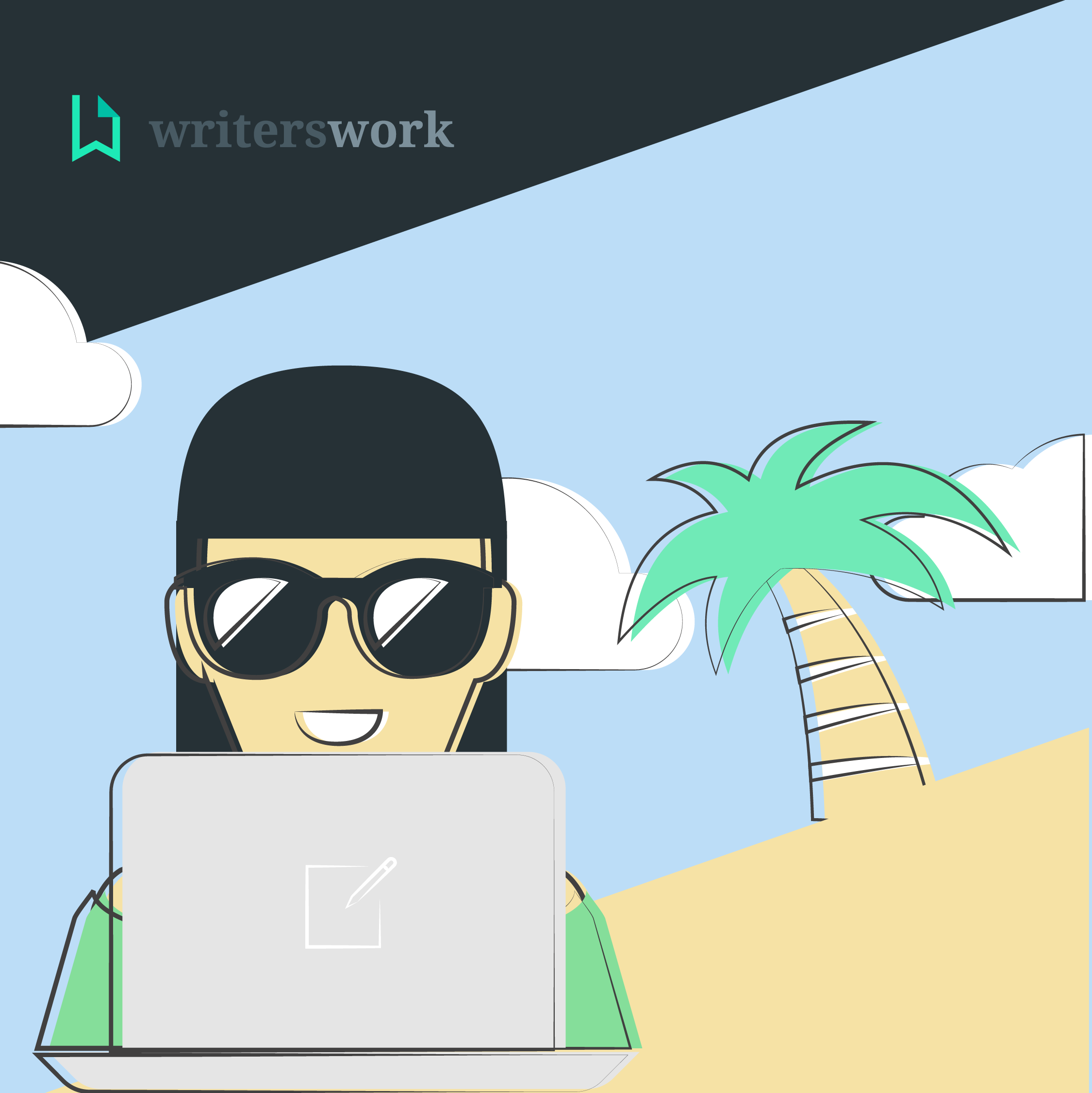 illustration of woman on laptop on a beach with clouds and palm tree