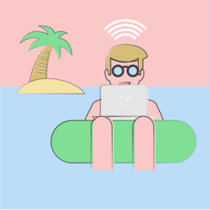 Illustration of a freelance writer working from a tropical location.
