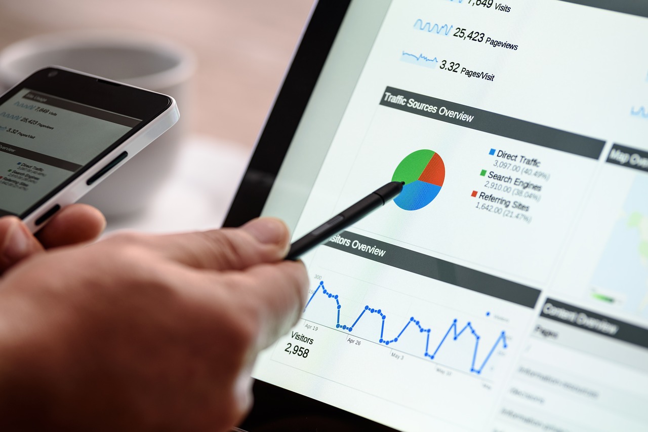 hand pointing to laptop screen showing SEO analytics dashboard