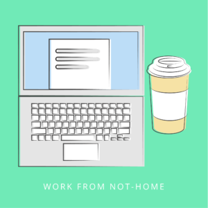 Illustration of a coffee cup next to a laptop.