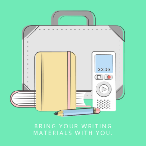 Illustration for writing materials outside a suitcase.