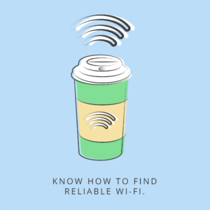 Illustration of a coffee cup with a Wi-Fi signal.