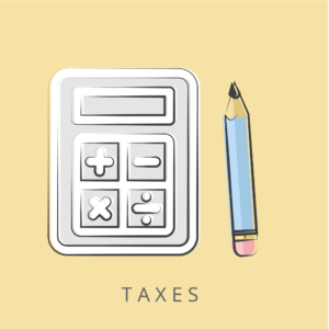 Illustration of a calculator and pencil, representing taxes.