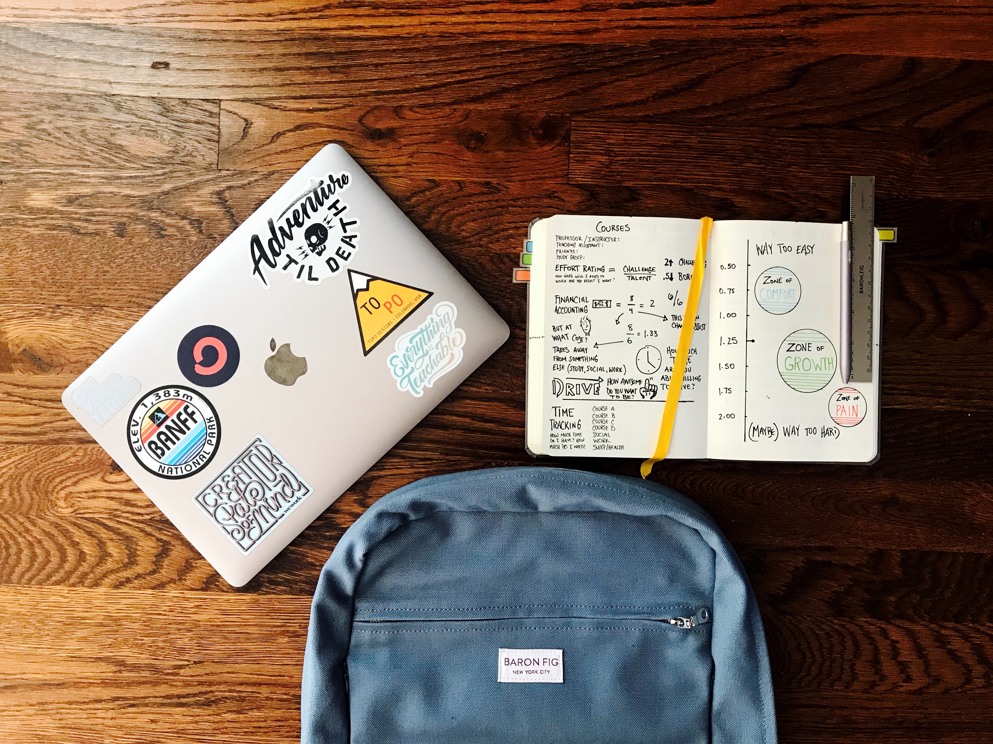 Photo of a laptop next to a planner and a backpack.