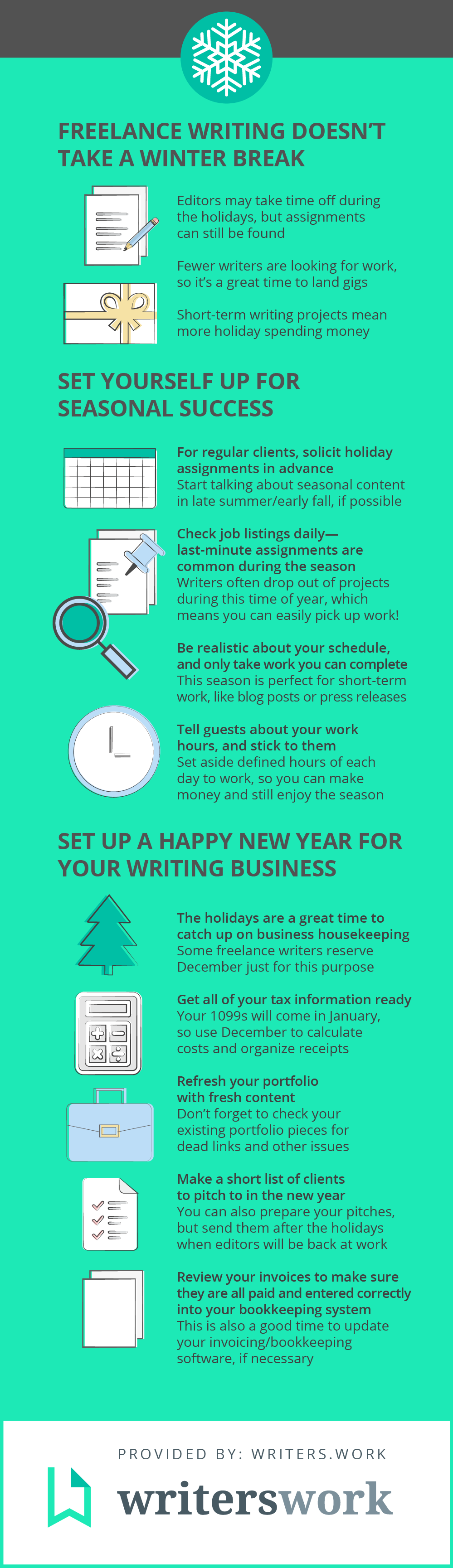 Infographic with tips for freelance writing during the holiday season.