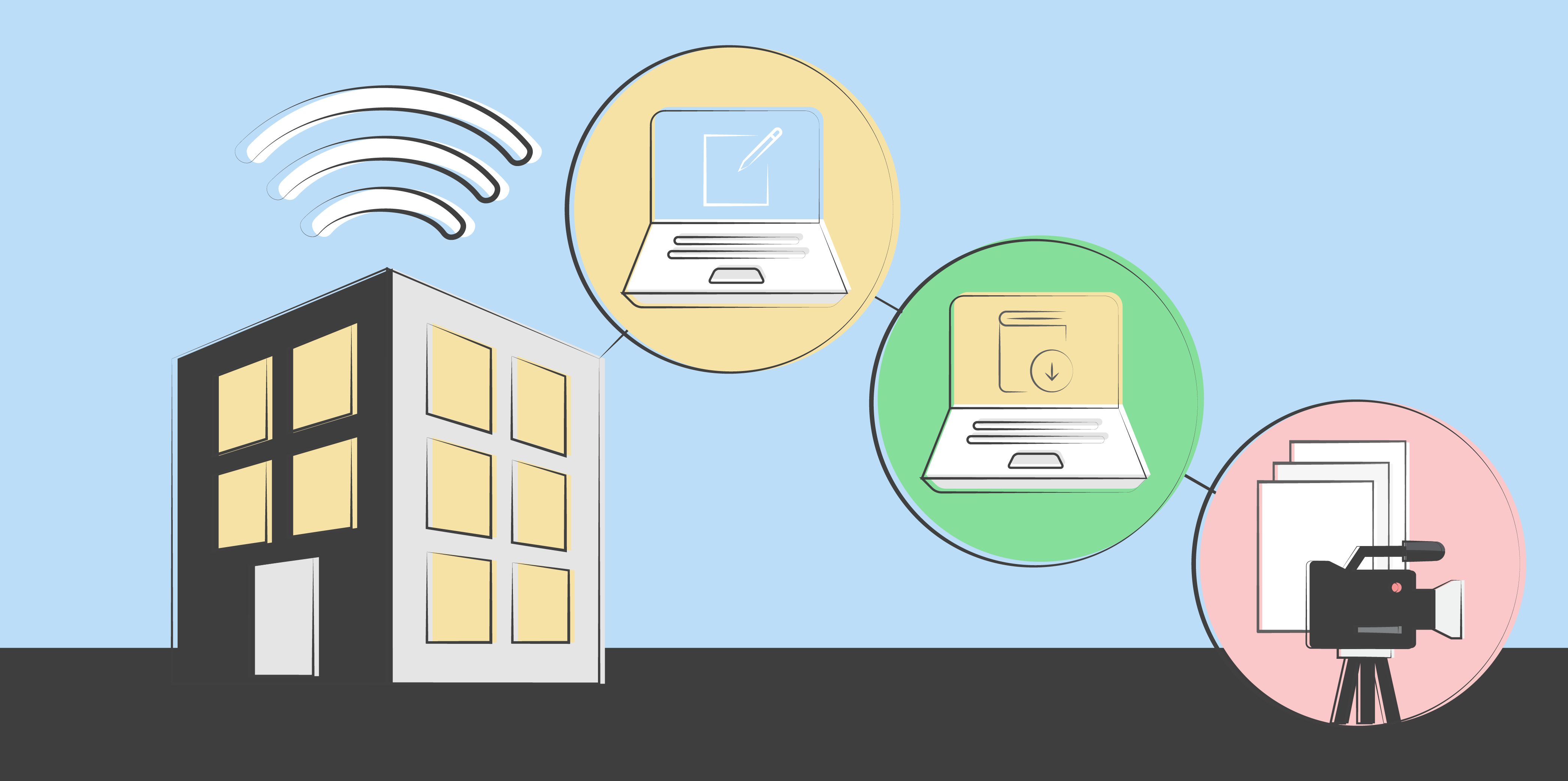 Illustration of an office building with different writing service icons.