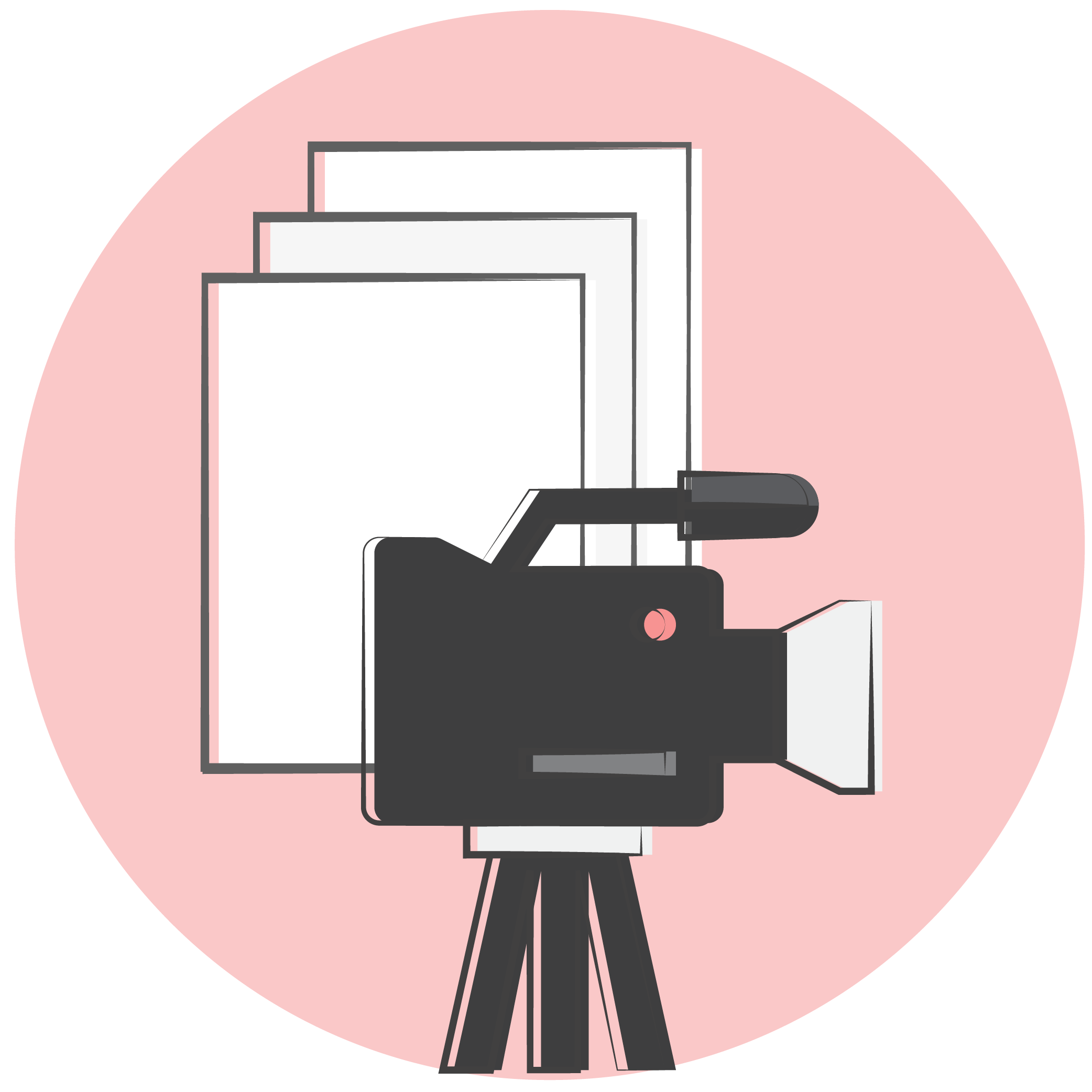 Illustration of a camcorder with script papers.