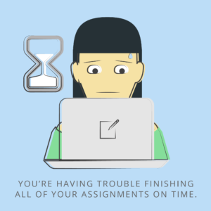 Illustration of a person working on a laptop and stressing about the time.