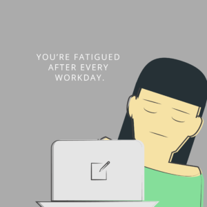 Illustration of a person falling asleep in front of her laptop.