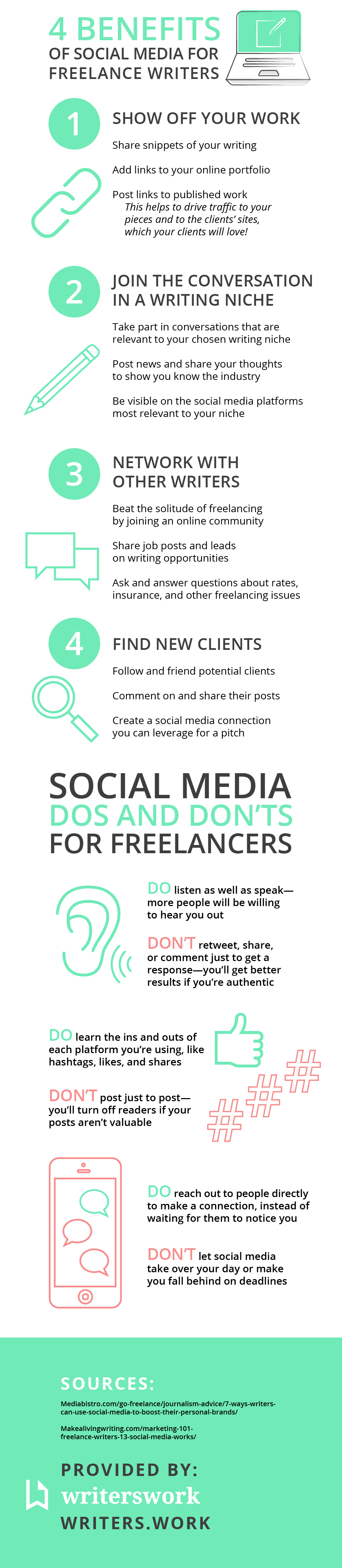 Infographic with tips for using social media as a freelance writer.