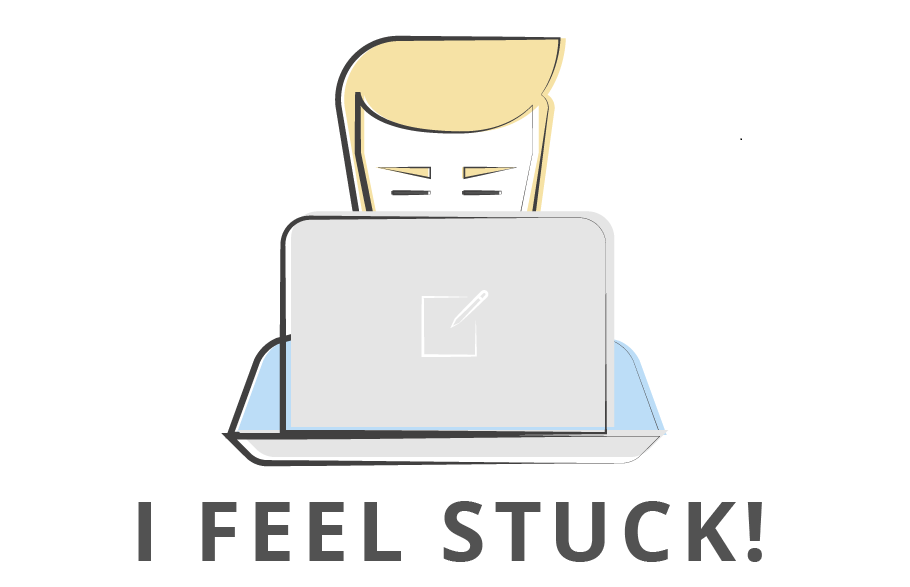 Illustration of a man using a laptop computer, feeling frustrated and stuck.