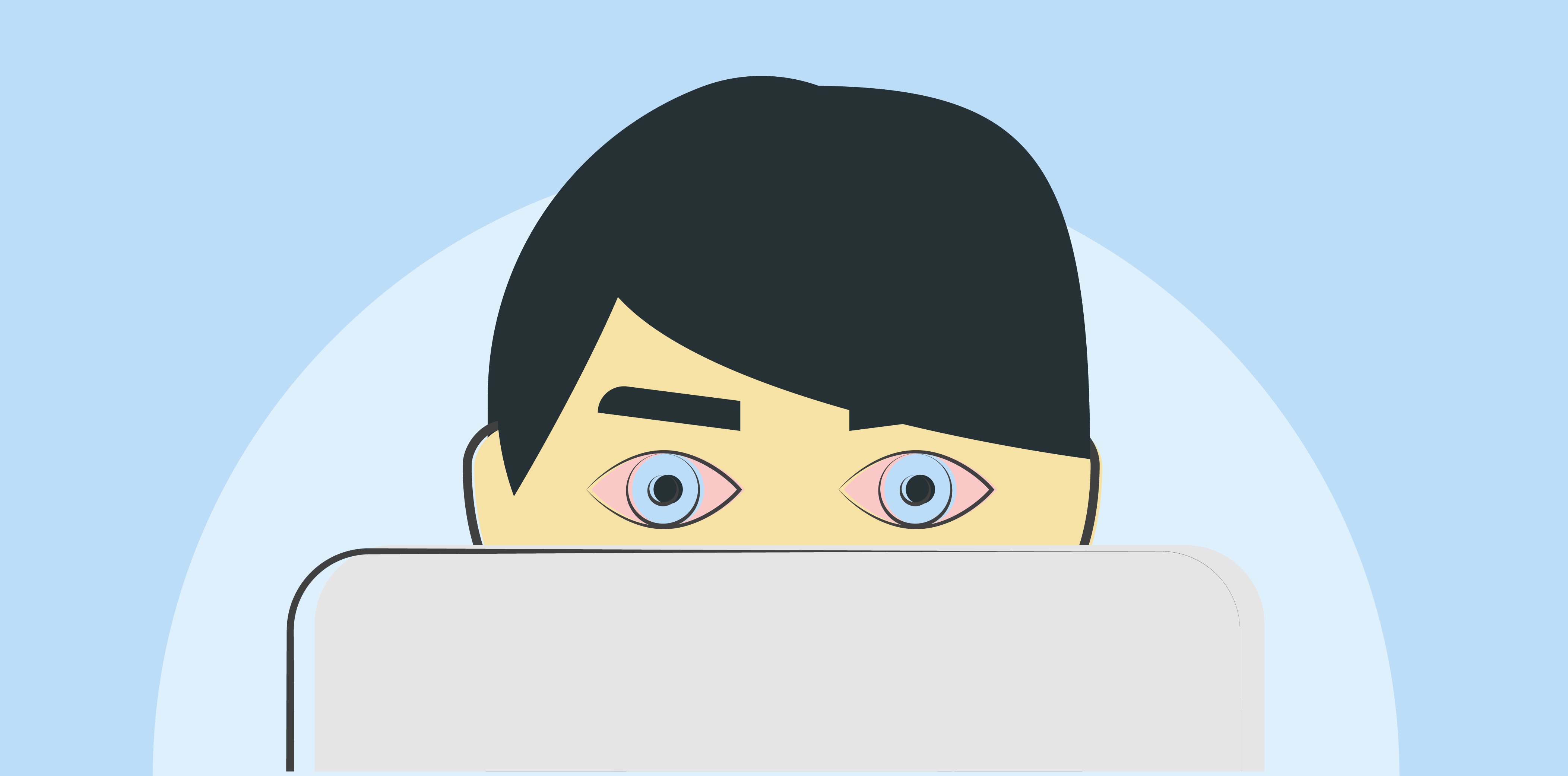 Illustration of a man with red eye looking at a laptop screen.