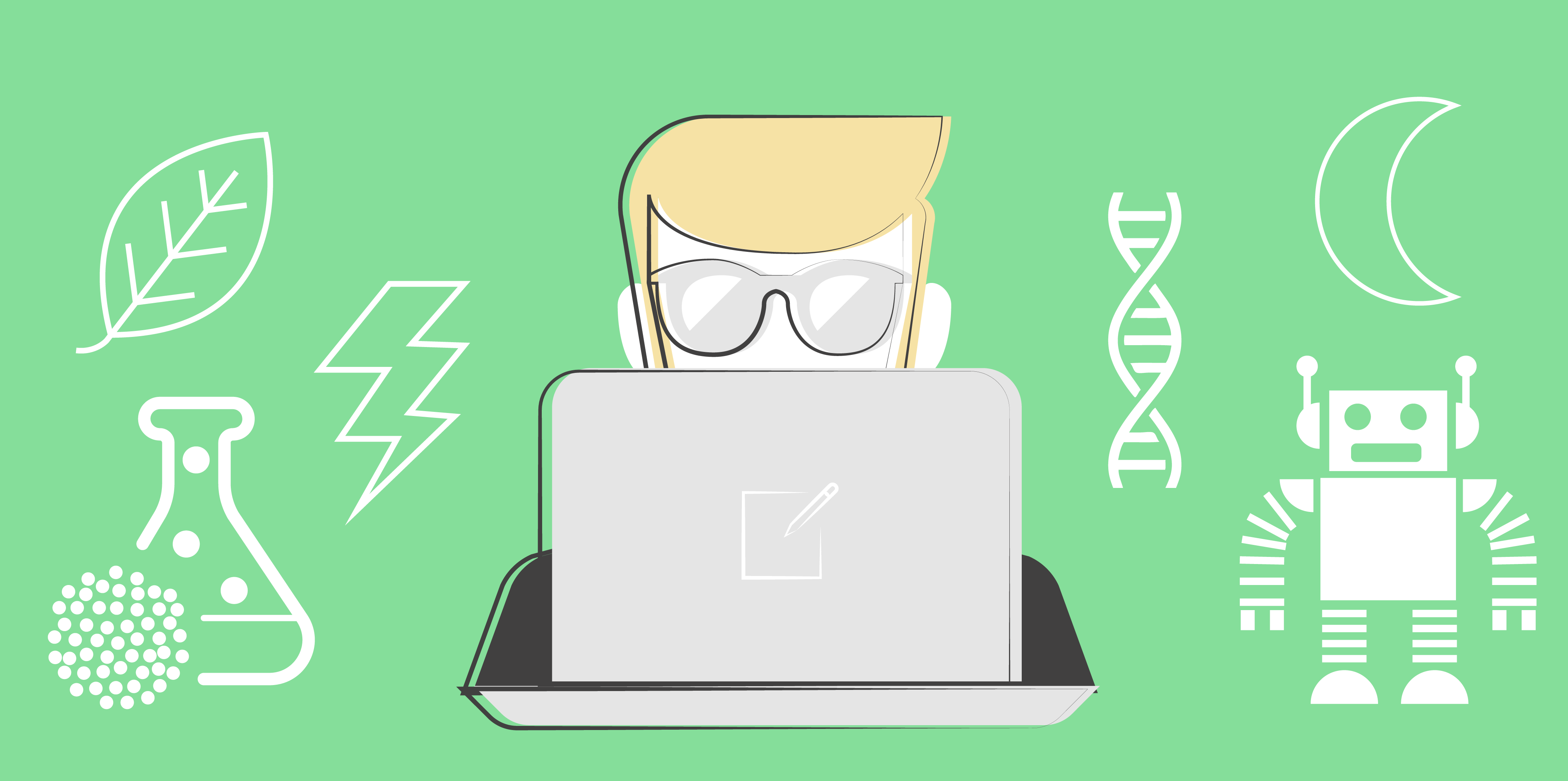 Banner illustration of a writer with a laptop surrounded by scientific imagery.