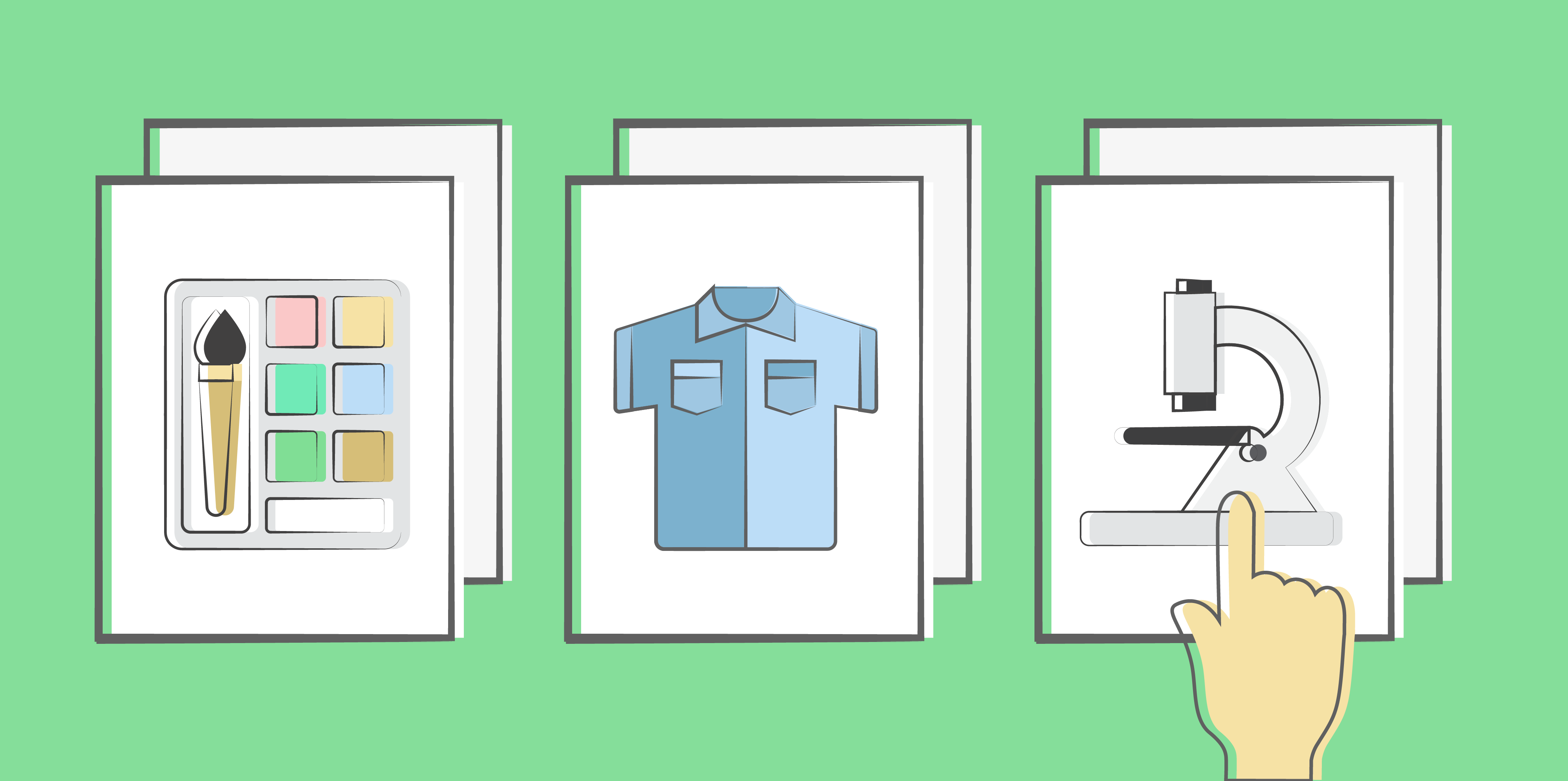 Illustration of 3 stacks of documents from different writing niches and a finger pointing to one.