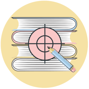 Illustration of books with a target and a pencil.