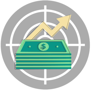Illustration of a target with a stack of money and an upward trending arrow.