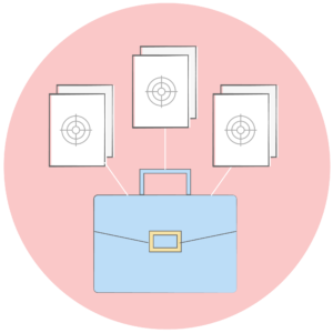 Illustration of a briefcase with 3 stacks of documents from different niches.